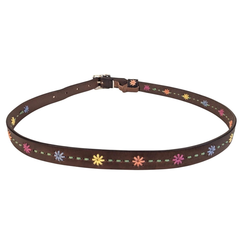 34" Dockers Womens Brown Leather Belt Floral Embroidered Daisy Boho Cottagecore